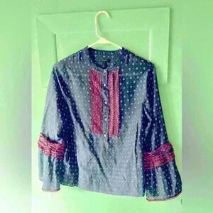 JCREW Women’s navy and red blouse with ruffle detail and button closure.…